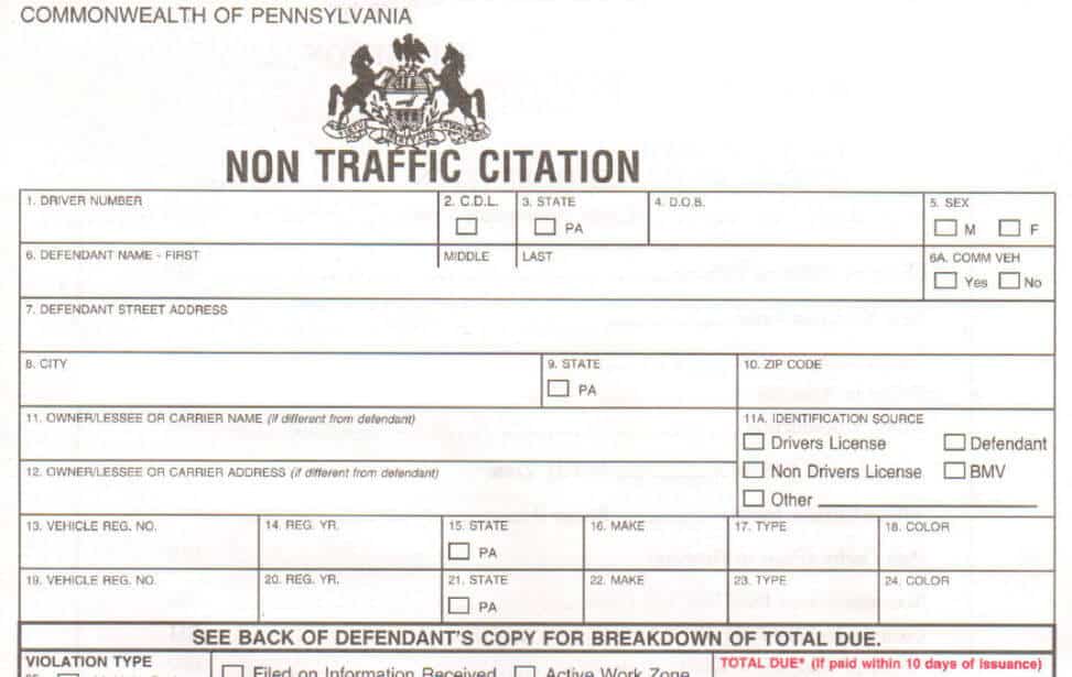 Pennsylvania Non-Traffic Summary Citation