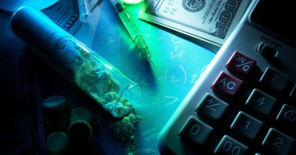 Syringe, illegal drugs, illegal pills, and money on a table