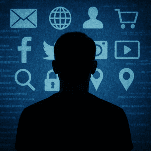 A photo displaying the online digital history of a person