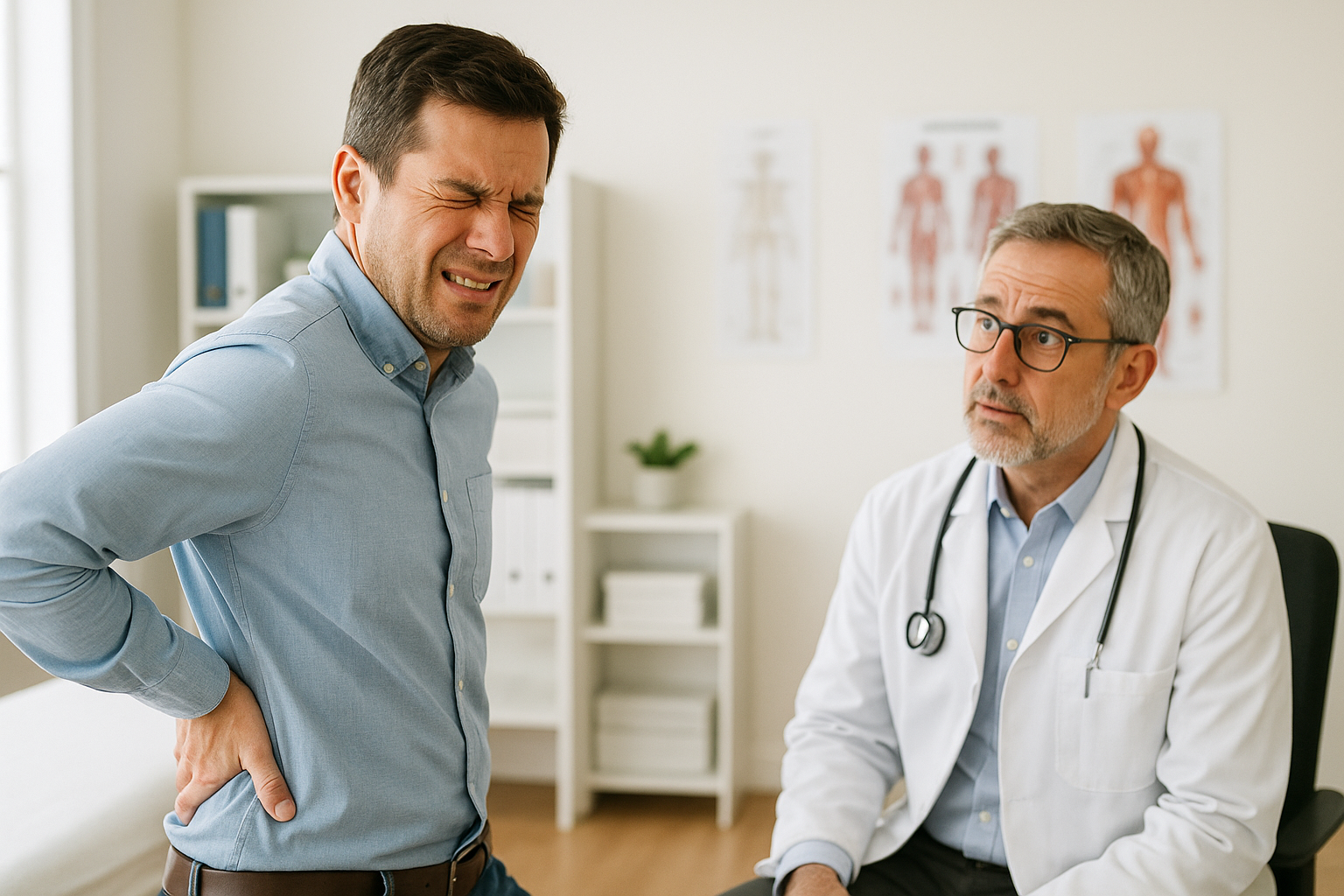 Medical marijuana patient at the doctor's office experiencing chronic back pain. 