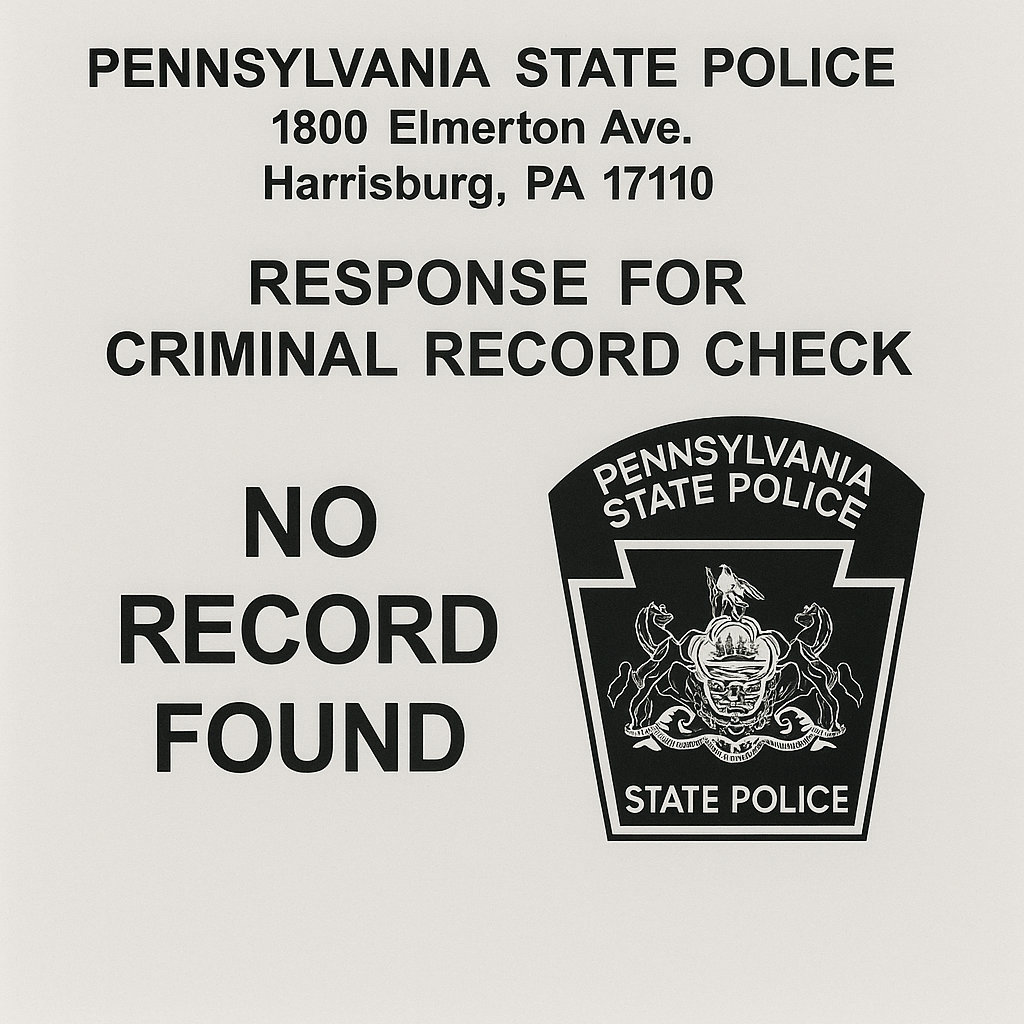 Pennsylvania State Police Background Check indicating no record found.