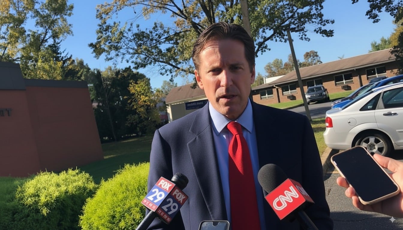 Attorney Keith McAndrews speaking to reporters outside of court in Levittown, Pennsylvania. 