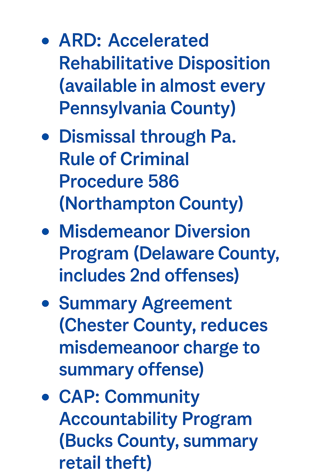 Chart listing different Pennsylvania diversion programs for shoplifting.
