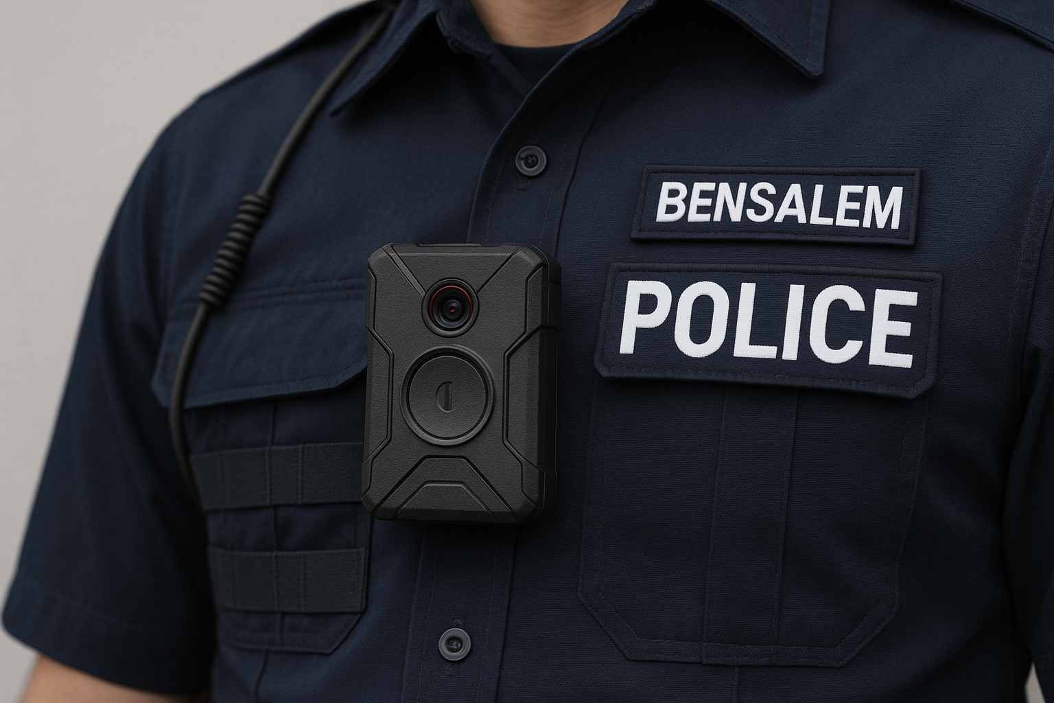 Picture of a body camera on a Bensalem police officer's uniform.