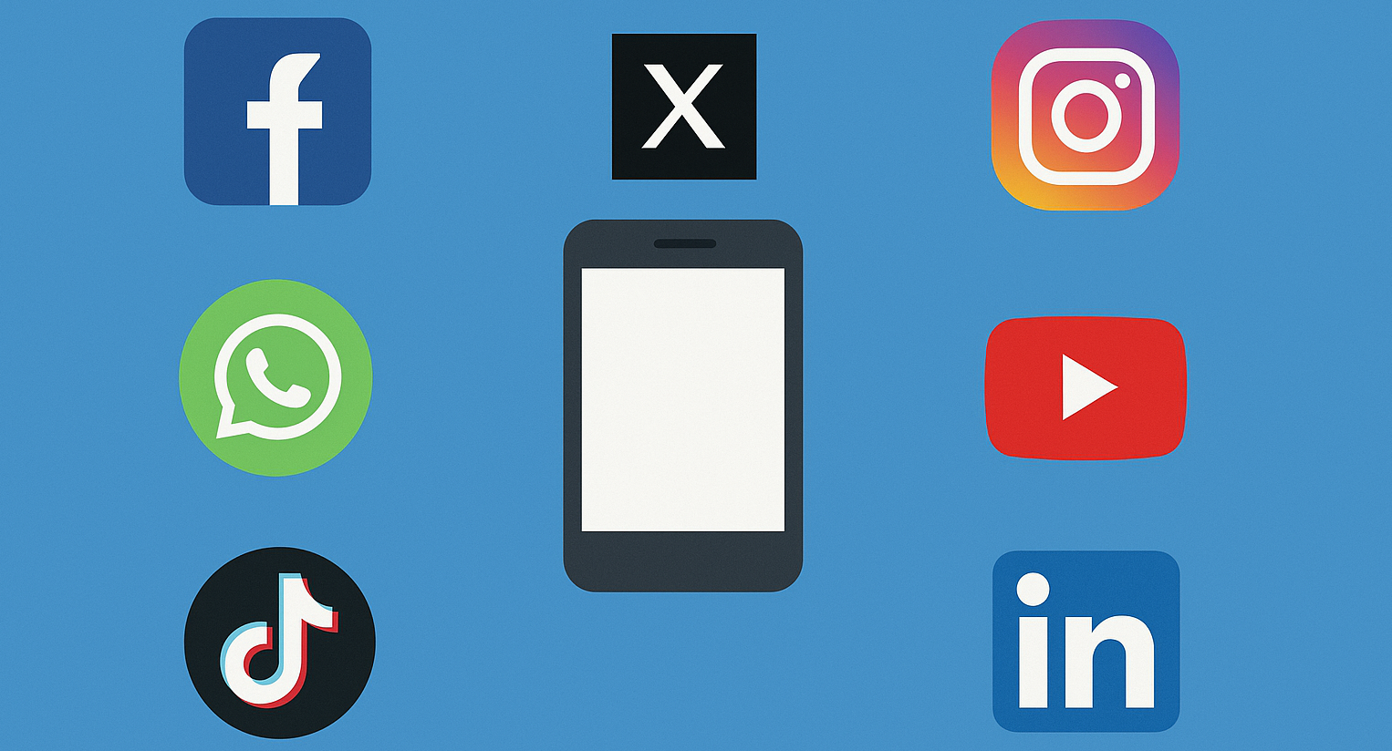 Social media brands including YouTube, X, Tik Tok, Instagram, LinkedIn, Facebook, and WhatsApp. 
