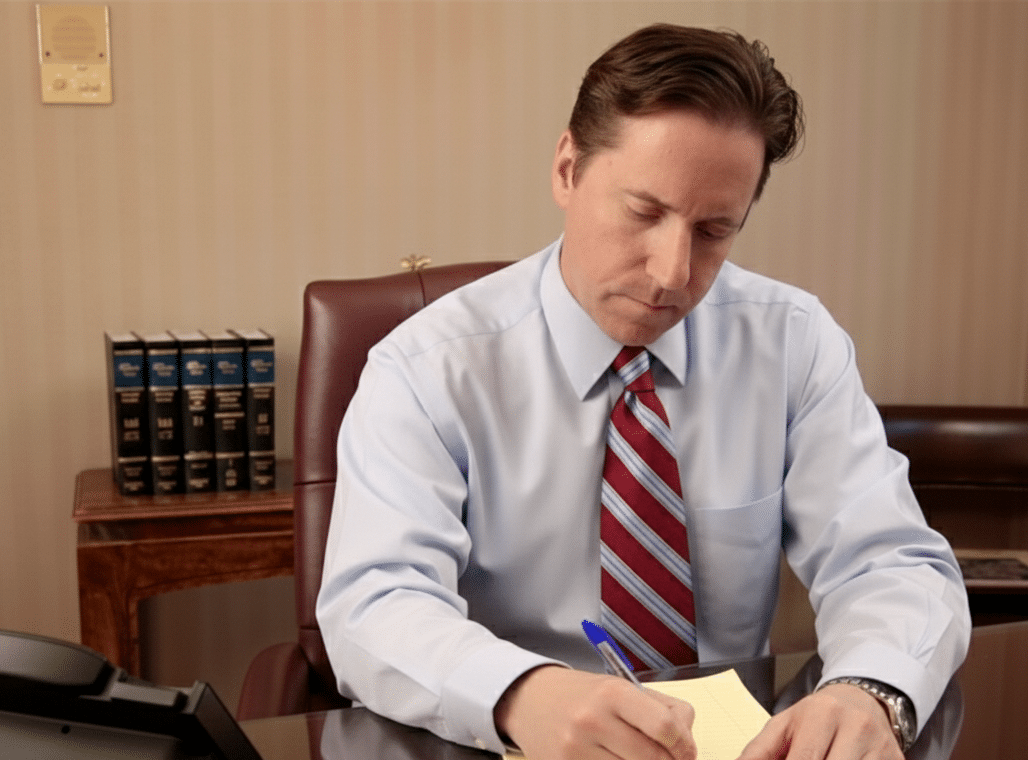 Attorney Keith E. McAndrews taking notes in his office while meeting with a client charged with terroristic threats.  
