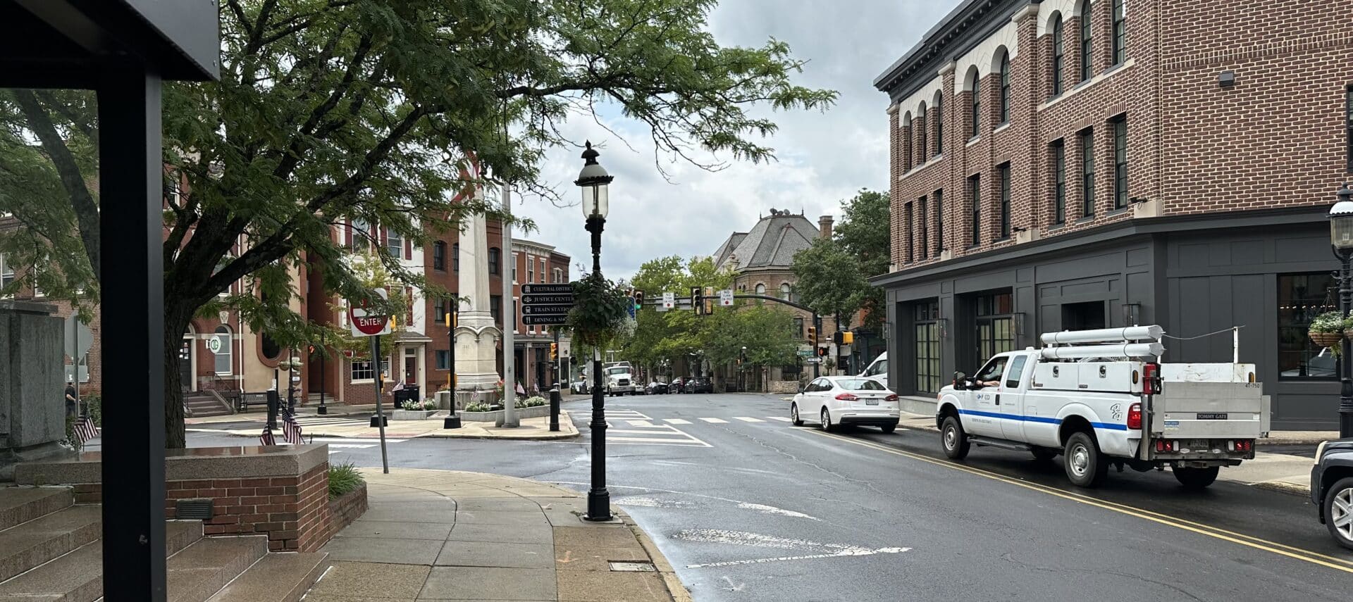 Intersection of South Main Street and East Court Street in Doylestown Borough, Bucks County, Pennsylvania.