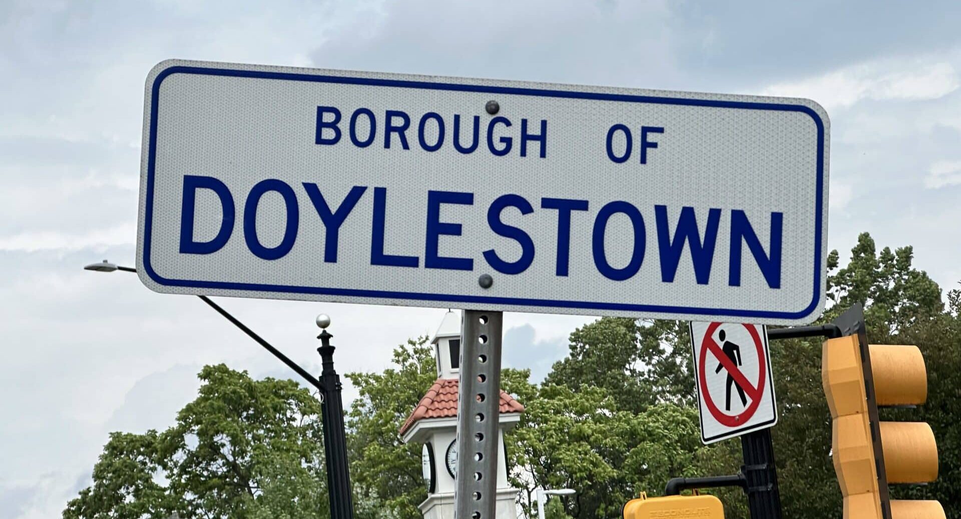 Borough of Doylestown welcome sign in Doylestown, Pennsylvania, the county seat of Bucks County.