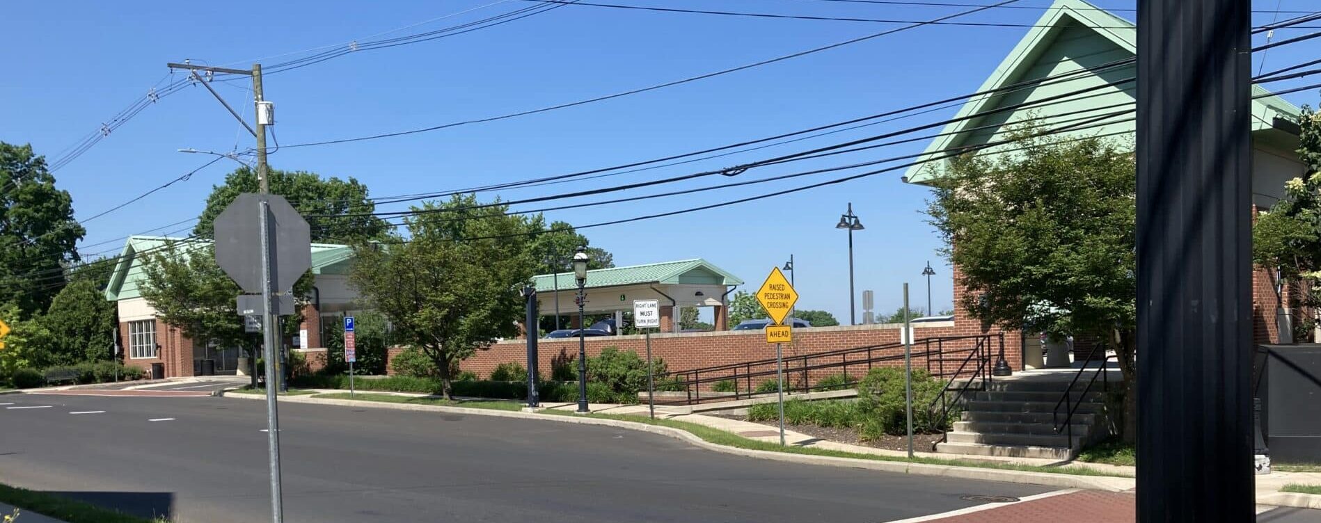 The multi-level parking garage at Broad and Union Streets, behind the Bucks County Justice Center. The top-level garage entrance is on Union Street.